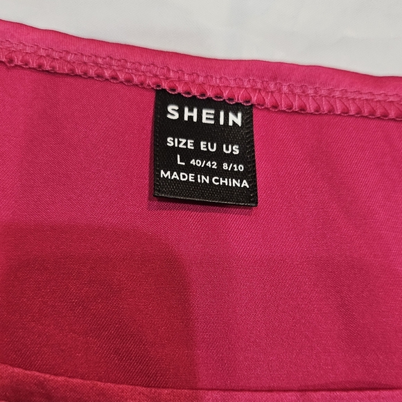 Hot Pink BAE Tie Shoulder Asymmetrical Neck Satin Blouse Sz L - Picture 6 of 8